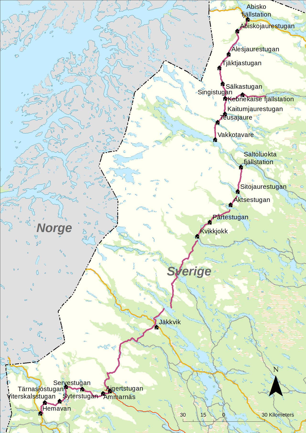 Map of the full Kungsleden trail from Abisko fjällstation to Hemavan, with every hut marked along the route.